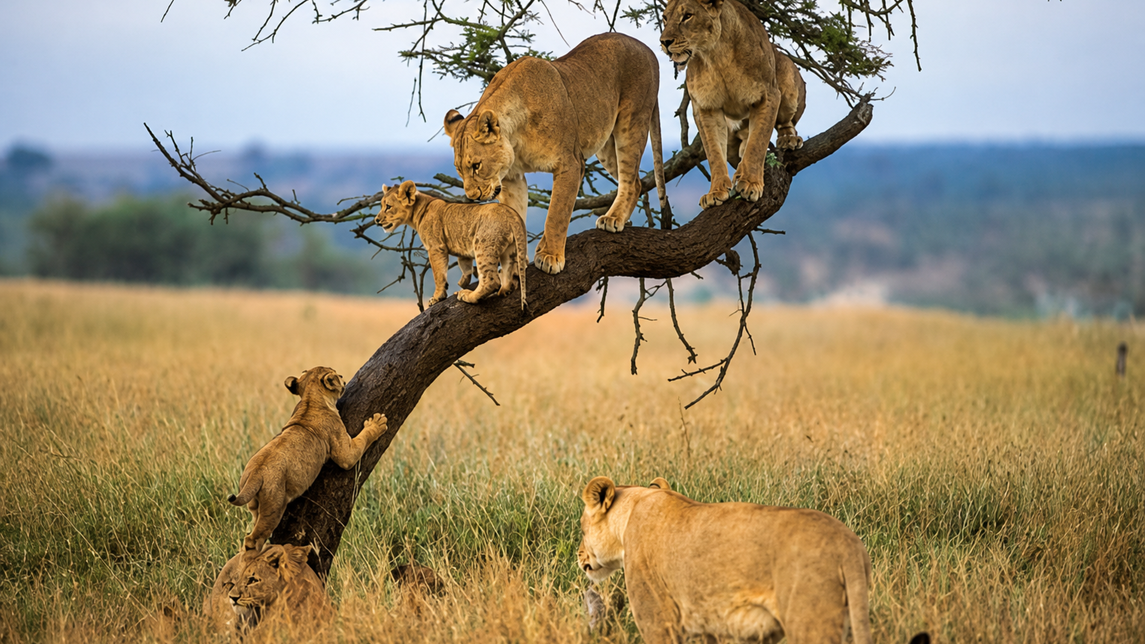 Lions resting and climbing in an acacia tree on the northern safari circuit